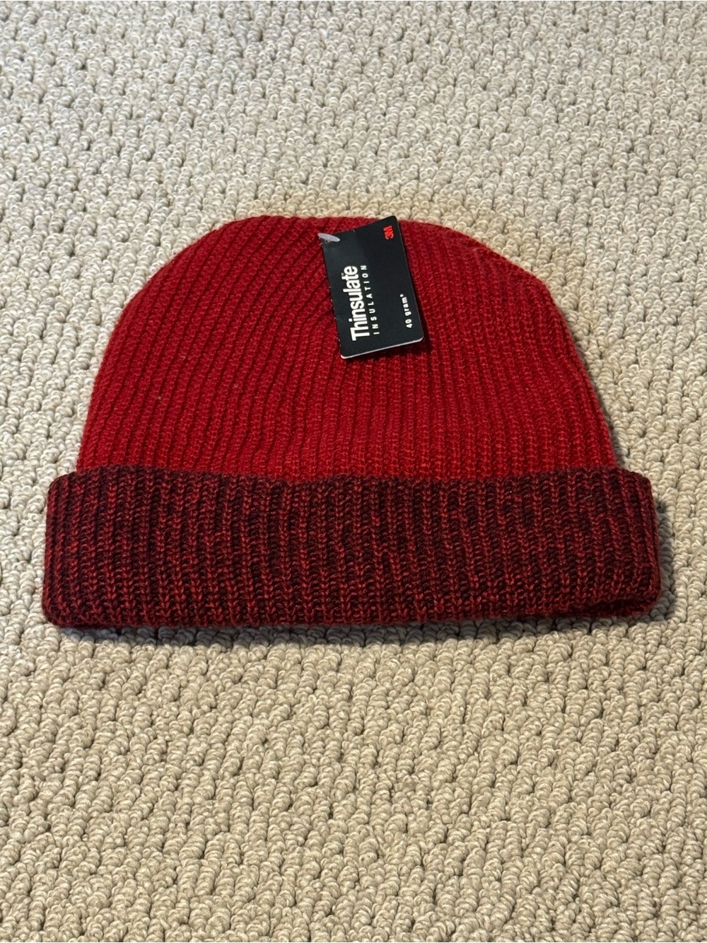 3M Thinsulate Red Fold-Over Rib Knit Beanie with Marled Cuff